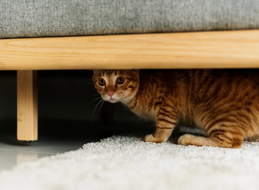 cat hiding under a couch